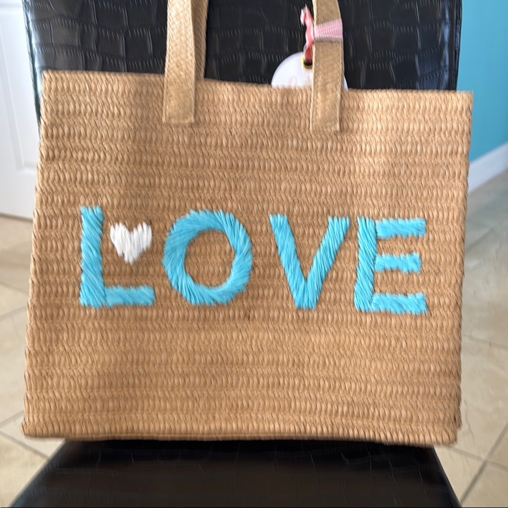 Tan Tote Bag with Blue 'LOVE' Embroidery
